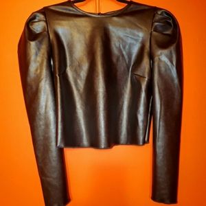AQUA Puff Sleeve Faux Leather Top